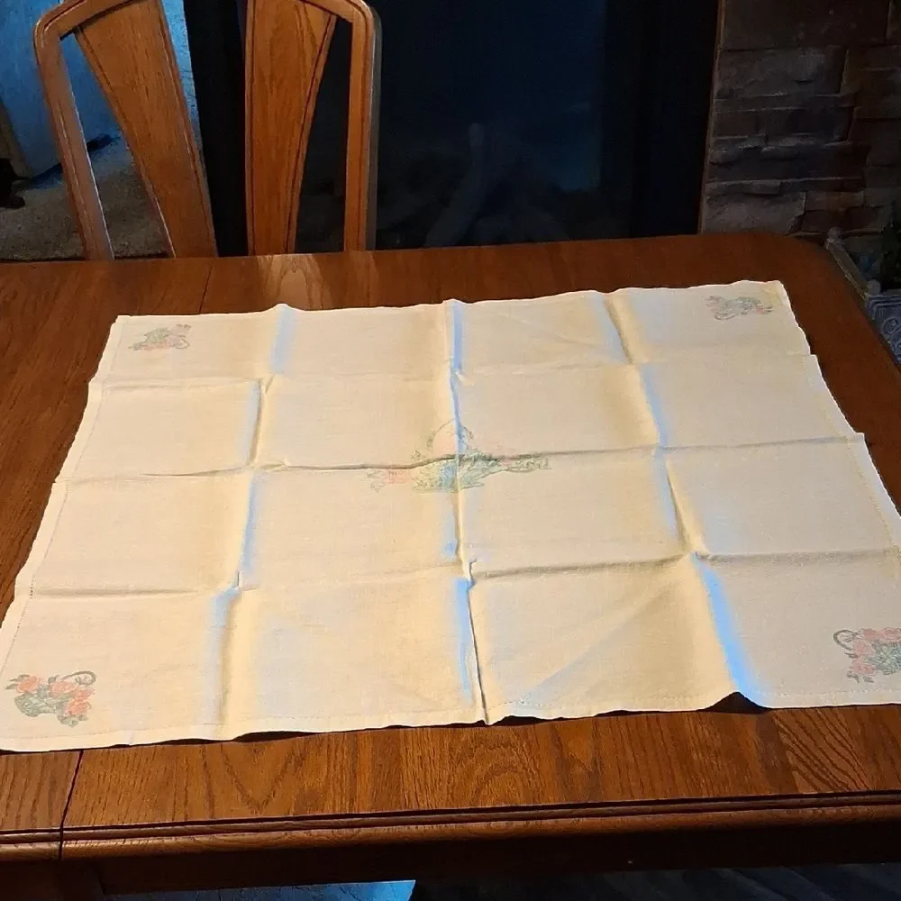 Vintage linen cotton table cloth with‎ embroidery patterns stamped -ready to go